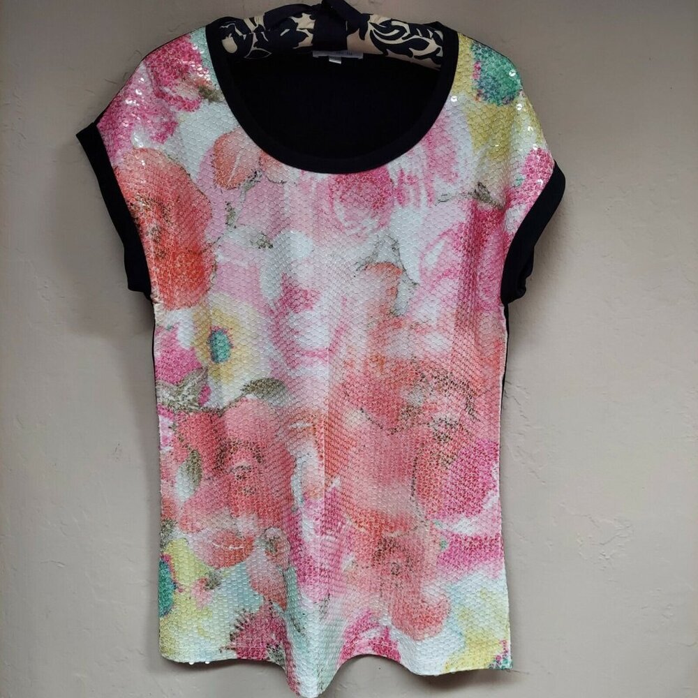 Mi-Tu Womens Floral Sequin T-Shirt Size 42 Scoop Neck Cap Sleeve Cotton Blend